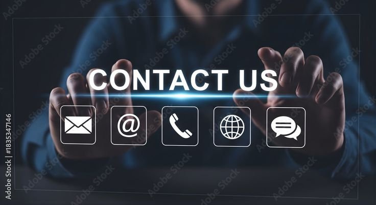 contact us information presented through digital interface with icons representing communication channels such as email phone website and chat offering support stock photo